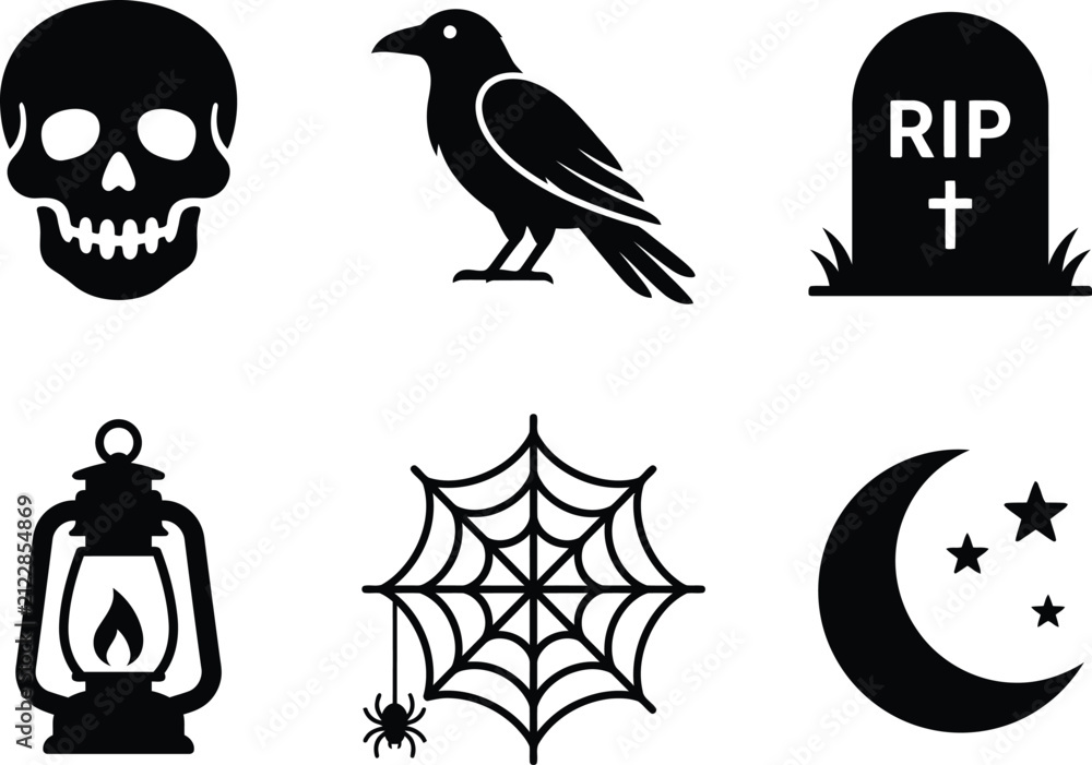 Fototapeta premium Set of black and white halloween icons and spooky elements