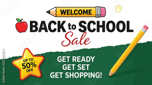 Vibrant back to school sale vector illustration featuring yellow pencils red apple and promotional star shape