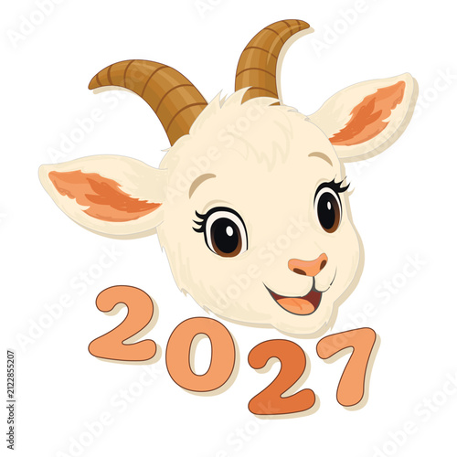 Illustration of a goat's head with large expressive eyes and a smiling face. 2027, Year of the Goat inscription.