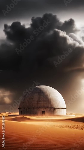 Minimalist concrete dome structure in desert landscape.