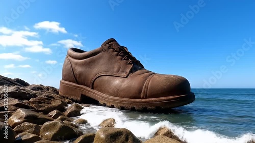 Large brown leather boot placed on rocky seaside.