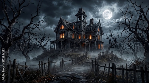 Haunted Halloween House in Dark Forest Under Full Moon Night Sky with Flying Bats, Spooky Castle Silhouette and Scary Autumn Holiday Vector Illustration