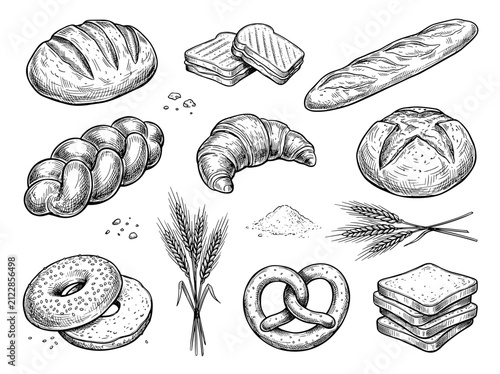 Hand drawn black ink sketch of bread variety, sourdough, baguette, croissant, and wheat on white background