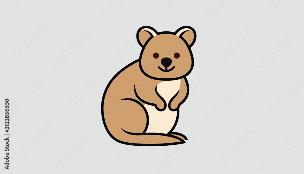 Obraz premium Adorable cartoon quokka smiling warmly with paws held together, depicted against a clean light grey background.