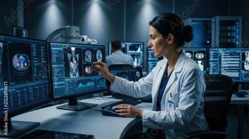 Medical Professional Analyzing Detailed Scan Images On Multiple Screens