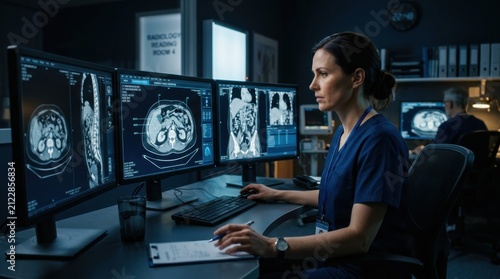 Medical Professional Analyzing Scan Images On Multiple Computer Monitors