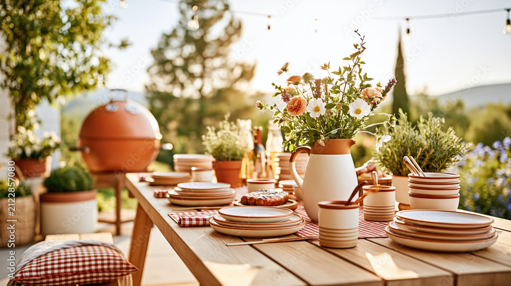 Fototapeta premium Cozy Outdoor Dining Table on Flower-Filled Country House Terrace