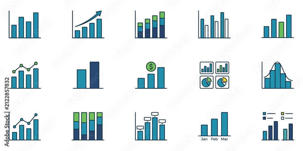 Fototapeta premium A comprehensive collection of business bar chart icons presented as a clean professional vector illustration for data analysis