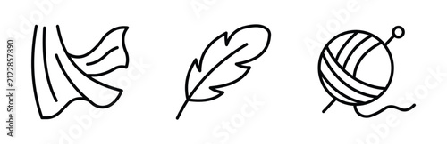 Set of icons representing fabric, feather, and yarn ball line art illustrations of textile material, lightweight feather, and knitting wool with a needle