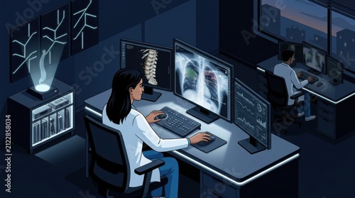 Medical Professionals Analyze X-rays And Data At Advanced Technology Workstations