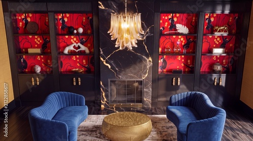 Luxury Library with Blue Velvet Sofas, Black Marble Fireplace and Art Deco Monkey Wallpaper