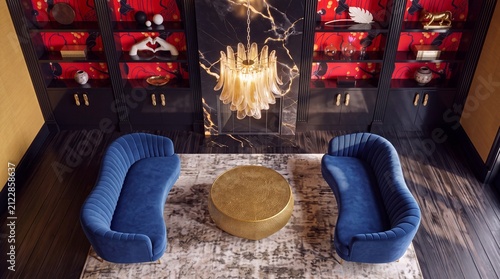 Luxury Library Seating Area with Blue Velvet Sofas and Monkey Wallpaper, Brass Coffee Table and Marble Fireplace