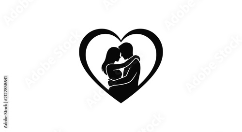Obraz na płótnie Couple embracing within a heart shaped silhouette on a white background