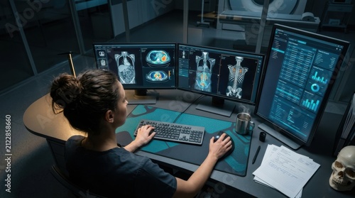 Medical Professional Analyzing Diagnostic Scans On Advanced Computer System In Dark Laboratory