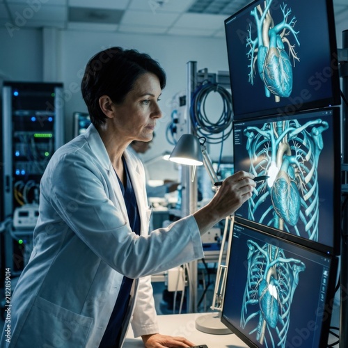 Medical Professional Examines Heart Scan Displays Advanced Cardiology Technology