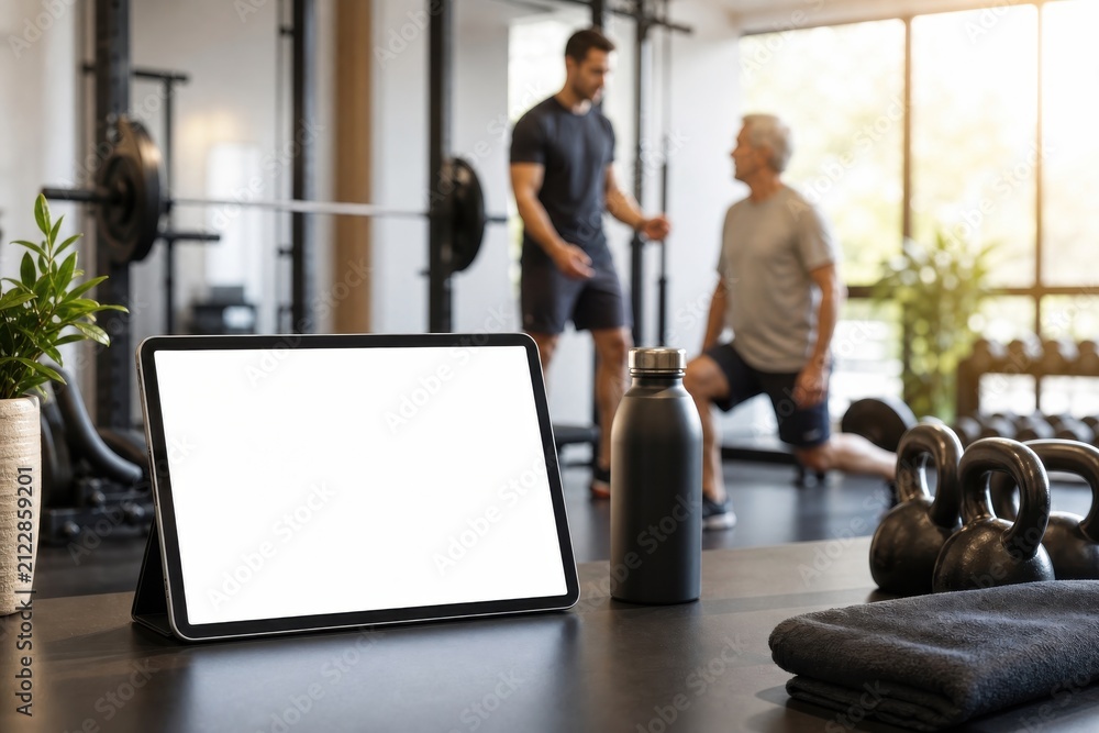Fototapeta premium Tablet mockup with blank screen in modern fitness gym
