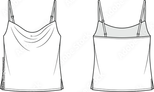 Fotografie Women cowl neck camisole top technical flat sketch vector illustration front and