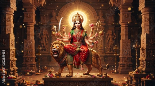 Navratri Durga Puja Chaitra Navratri vector illustration of goddess Durga sitting on lion inside grand temple glowing divine festive Indian culture background See Less