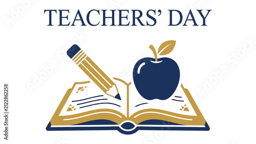 Teachers' Day Celebration: An open book, a pencil, and an apple symbolize education and appreciation for teachers on this special day, representing knowledge and learning.