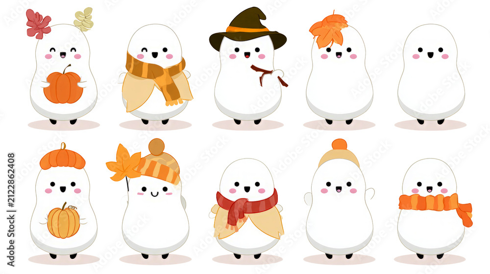 Obraz premium Collection of cute cartoon ghosts with autumn accessories on transparent background isolated for seasonal design projects