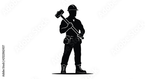Принти на полотні Construction worker with sledgehammer and hard hat black silhouette builder craf