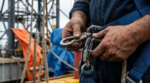 Rope access technician performing a fall protection equipment check.