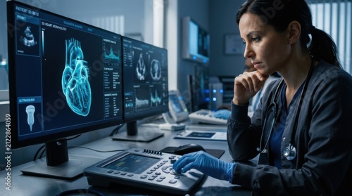 Medical Professional Analyzing Cardiac Ultrasound Data on Futuristic Display