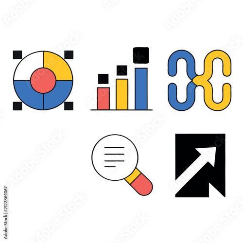 Minimal flat vector business analytics icon set featuring bar chart, pie chart, line graph, dashboard, magnifying glass, target, growth arrow, and report elements