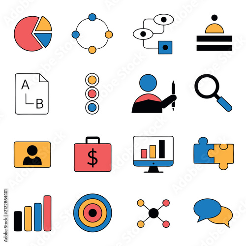 Minimal flat vector business analytics icon set featuring bar chart, pie chart, line graph, dashboard, magnifying glass, target, growth arrow, and report elements