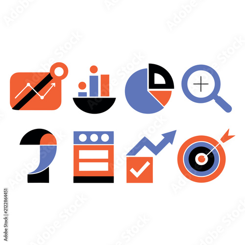 Minimal flat vector business analytics icon set featuring bar chart, pie chart, line graph, dashboard, magnifying glass, target, growth arrow, and report elements