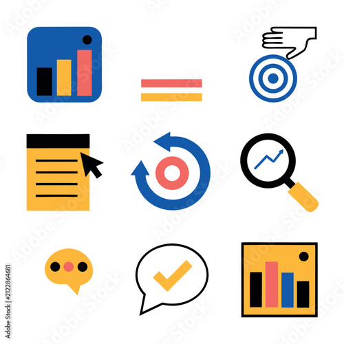 Minimal flat vector business analytics icon set featuring bar chart, pie chart, line graph, dashboard, magnifying glass, target, growth arrow, and report elements