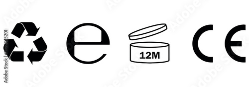 Set of essential cosmetic packaging symbols including recycling, estimated weight and expiry date.