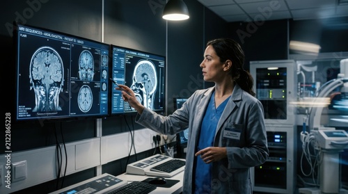 Medical Professional Analyzing Brain Scan Images On Multiple Monitors In Laboratory Setting
