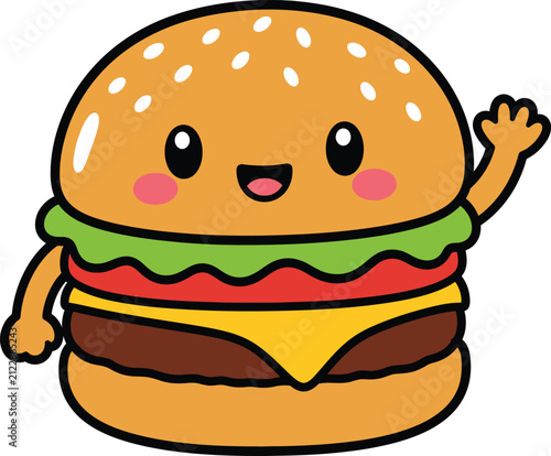 Cute Kawaii Cheeseburger Cartoon Character Smiling Vector Illustration