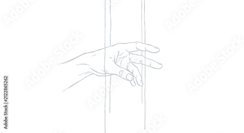 Bild auf Leinwand A delicate sketch depicts a human hand reaching towards several thin vertical li