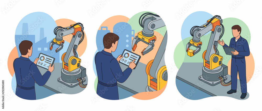 Fototapeta premium Smart Factory Worker Controlling Robotic Arm with Tablet Isometric