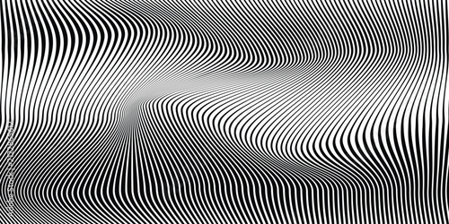 Abstract Black and White Wavy Lines Textured Background with 3D Illusion and Twisting Movement Effect. Vector Art.