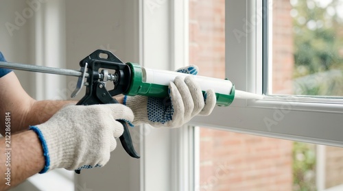Close up of a person applying silicone sealant to a window frame for home repair.