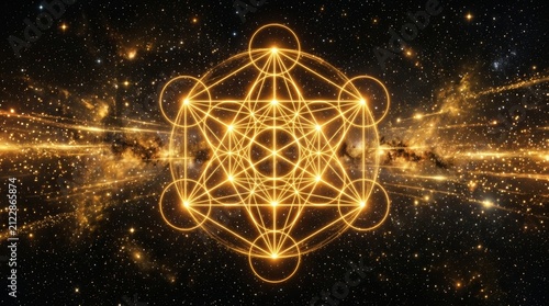 Sacred geometry Metatron's Cube with cosmic energy and golden lines on a dark background.
