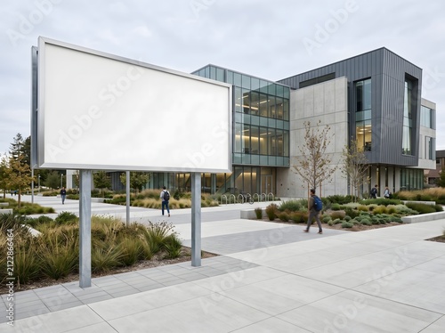Large blank billboard mockup standing on a university campus with students walking by buildings