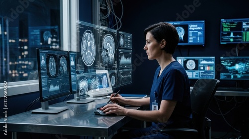 Medical Professional Analyzing Brain Scans On Advanced Technology Screens