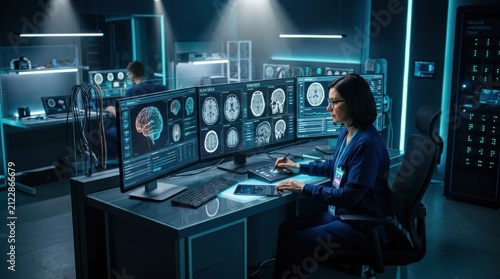 Medical Professional Analyzing Brain Scans On Advanced Computer Technology