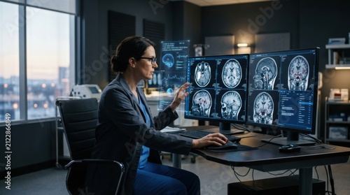 Medical Professional Analyzing Brain Scans On Advanced Technology