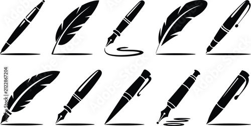 Foto Classic Pen and Feather Quill Icons Set for Writing, Calligraphy, Legal Signatur