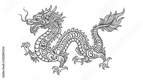 Foto Intricate Dragon Illustration: A detailed black and white illustration of a traditional East Asian dragon, symbolizing power, strength, and good fortune, with intricate patterns and flowing mane