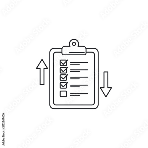 Outline clipboard with checklist and vertical sorting arrows