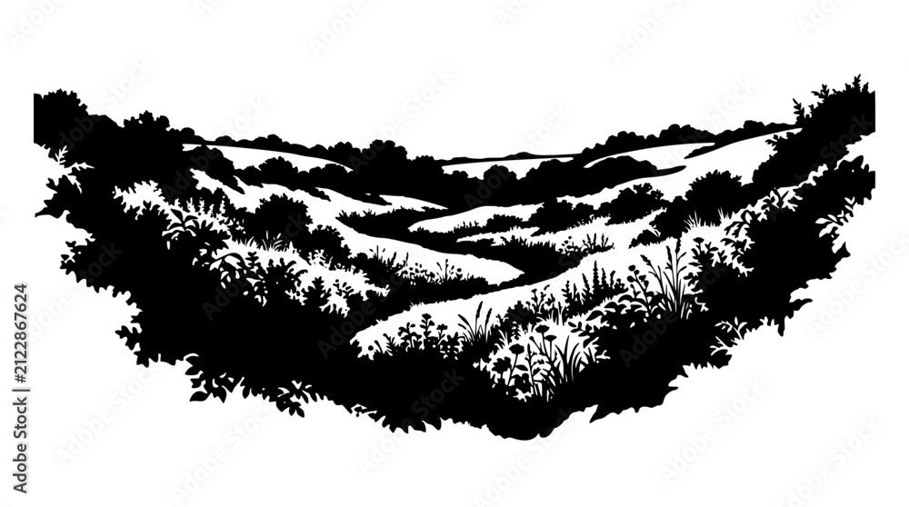 Obraz premium Black and White Landscape Silhouette of Rolling Hills and Wildflowers