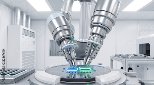 High-tech collaborative robot assembling microchips in a sterile manufacturing plant. Its precise metallic arms manipulate tiny glowing components under bright white light