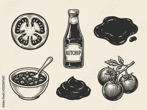 Linocut illustration set of tomato slice, ketchup bottle, sauce, and paste in retro woodblock style on cream background