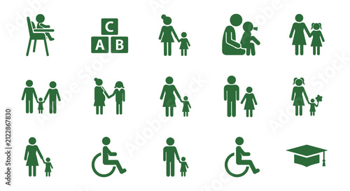 A collection of dark green pictograms representing families education and accessibility high quality professional